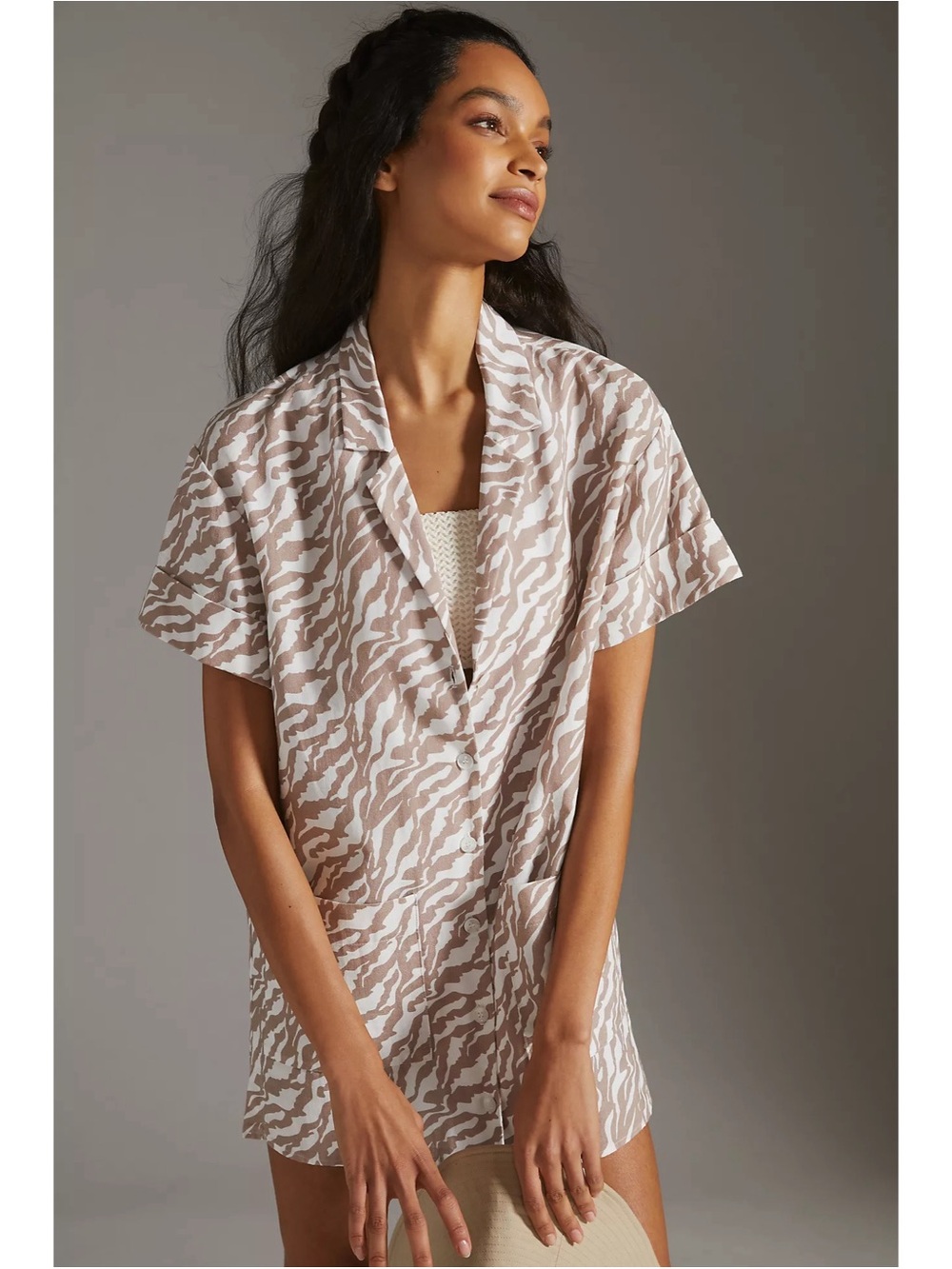 Anthropologie Amadi Zebra Stripe Shirt Dress Size 1X Petite White Tan Oversized